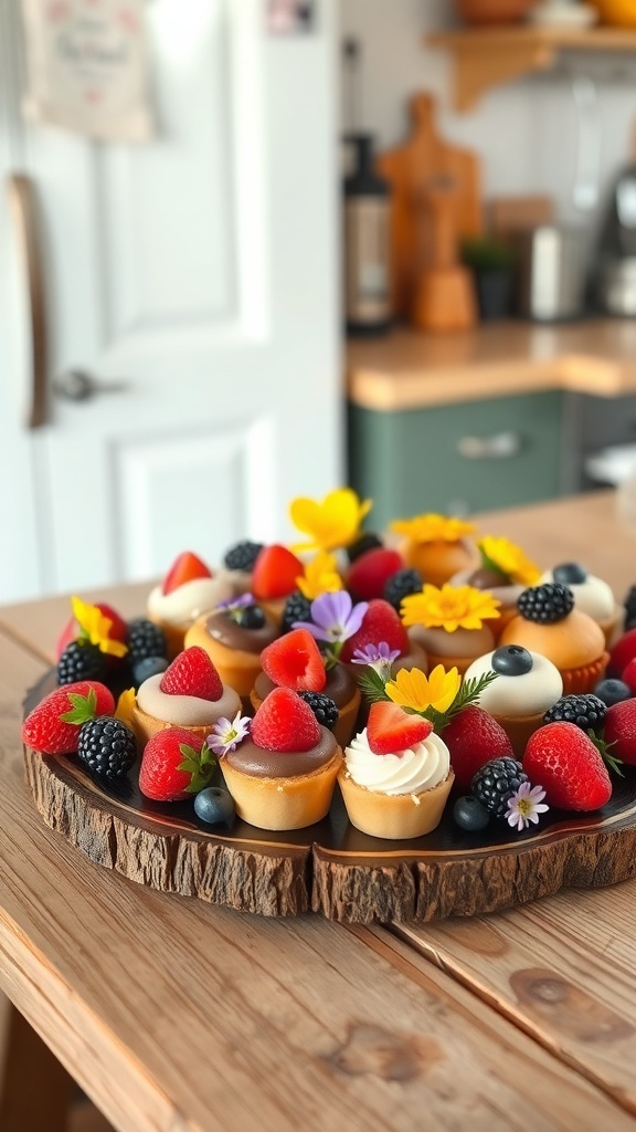Aesthetic dessert platter with mini pastries, fresh fruits, and edible flowers on a wooden table.